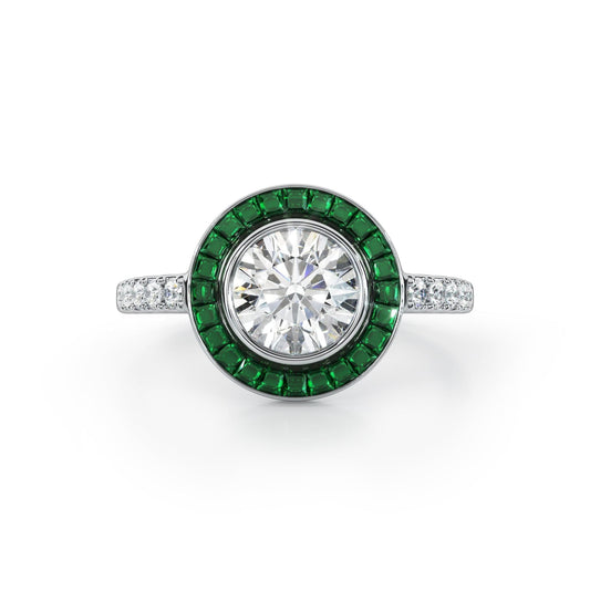 Art Deco-Diamond with Emerald Halo Ring - Ksenia Mirella Jewellery