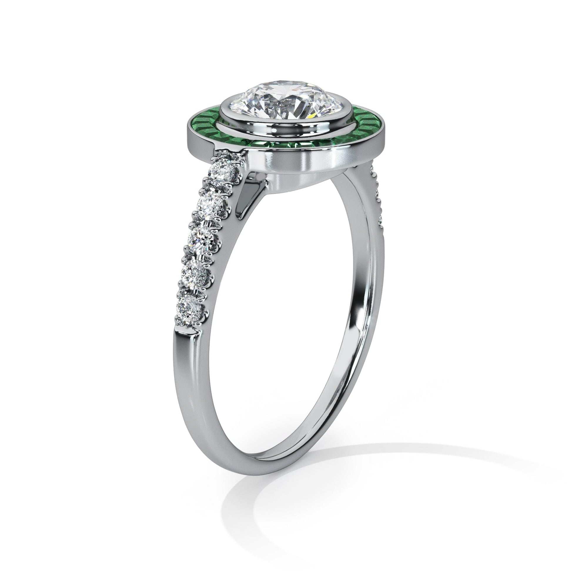 Art Deco-Diamond with Emerald Halo Ring - Ksenia Mirella Jewellery