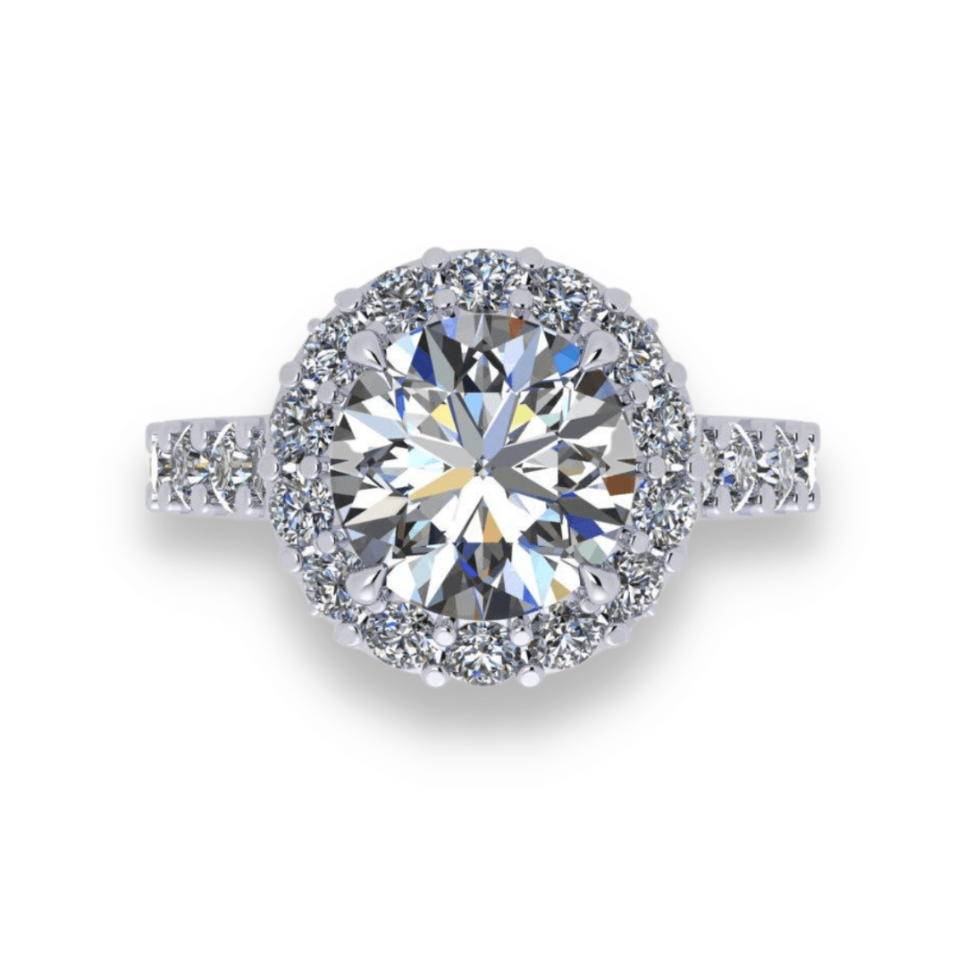 Platinum Elegance- Round Brilliant Engagement Ring with Diamond Halo - Ksenia Mirella Jewellery