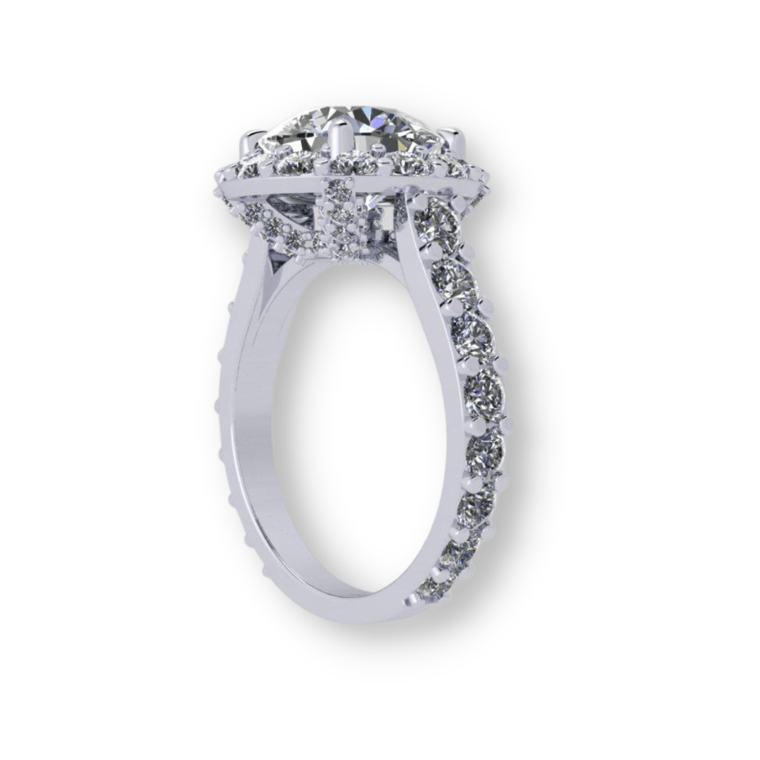 Platinum Elegance- Round Brilliant Engagement Ring with Diamond Halo - Ksenia Mirella Jewellery