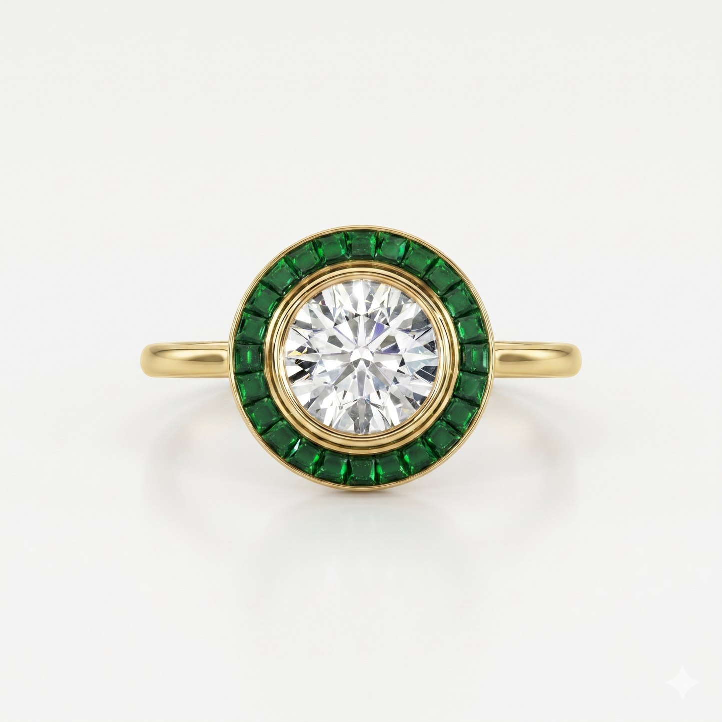 Art deco yellow gold white diamond engagement ring, with green emerald halo on a white background made by Ksenia Mirella Jewellery