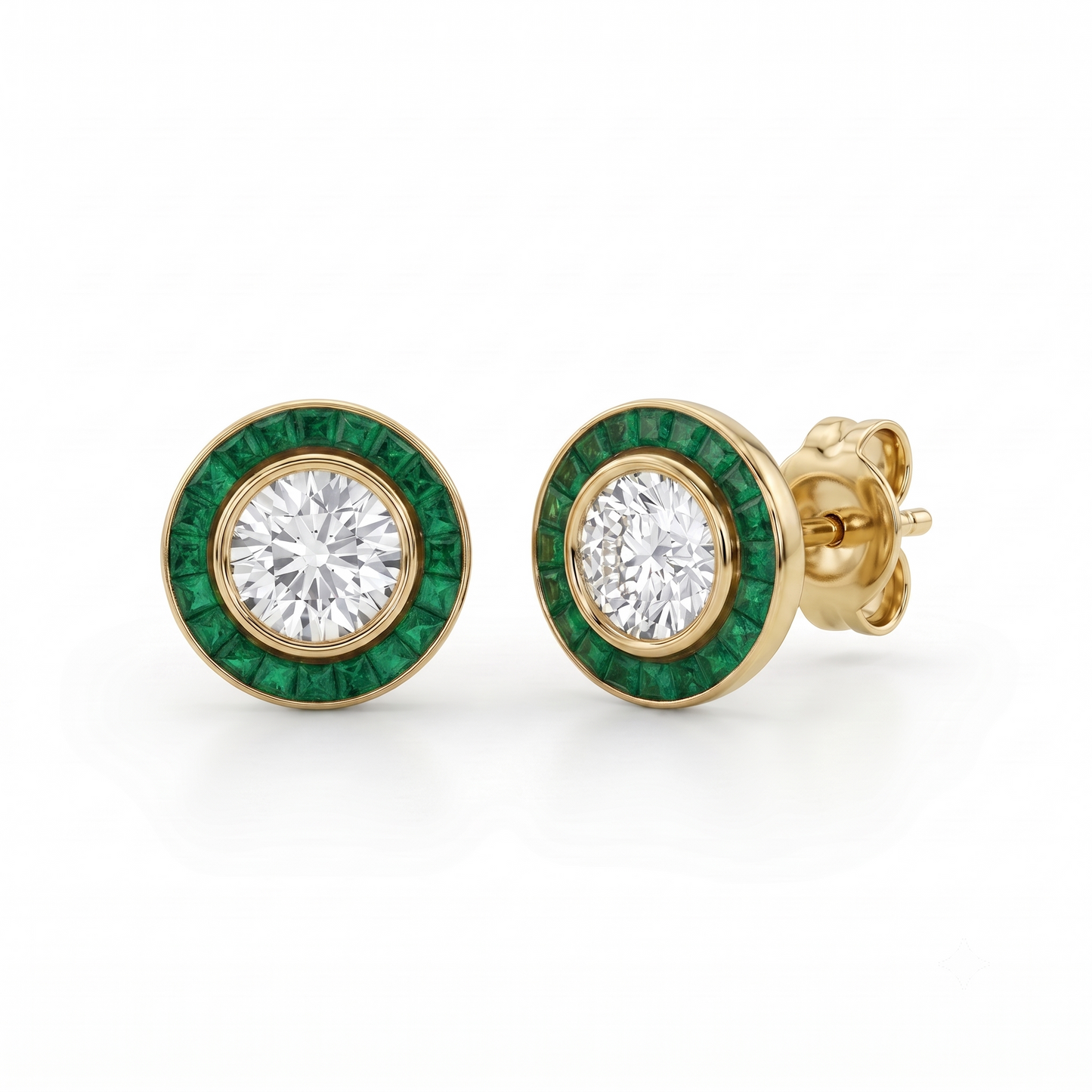 Art Deco Gold Diamond Earrings | Emerald Halo