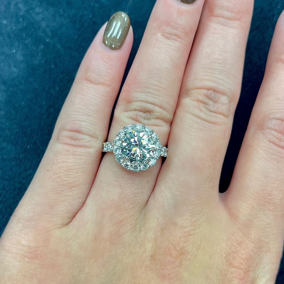 Platinum Elegance- Round Brilliant Engagement Ring with Diamond Halo - Ksenia Mirella Jewellery