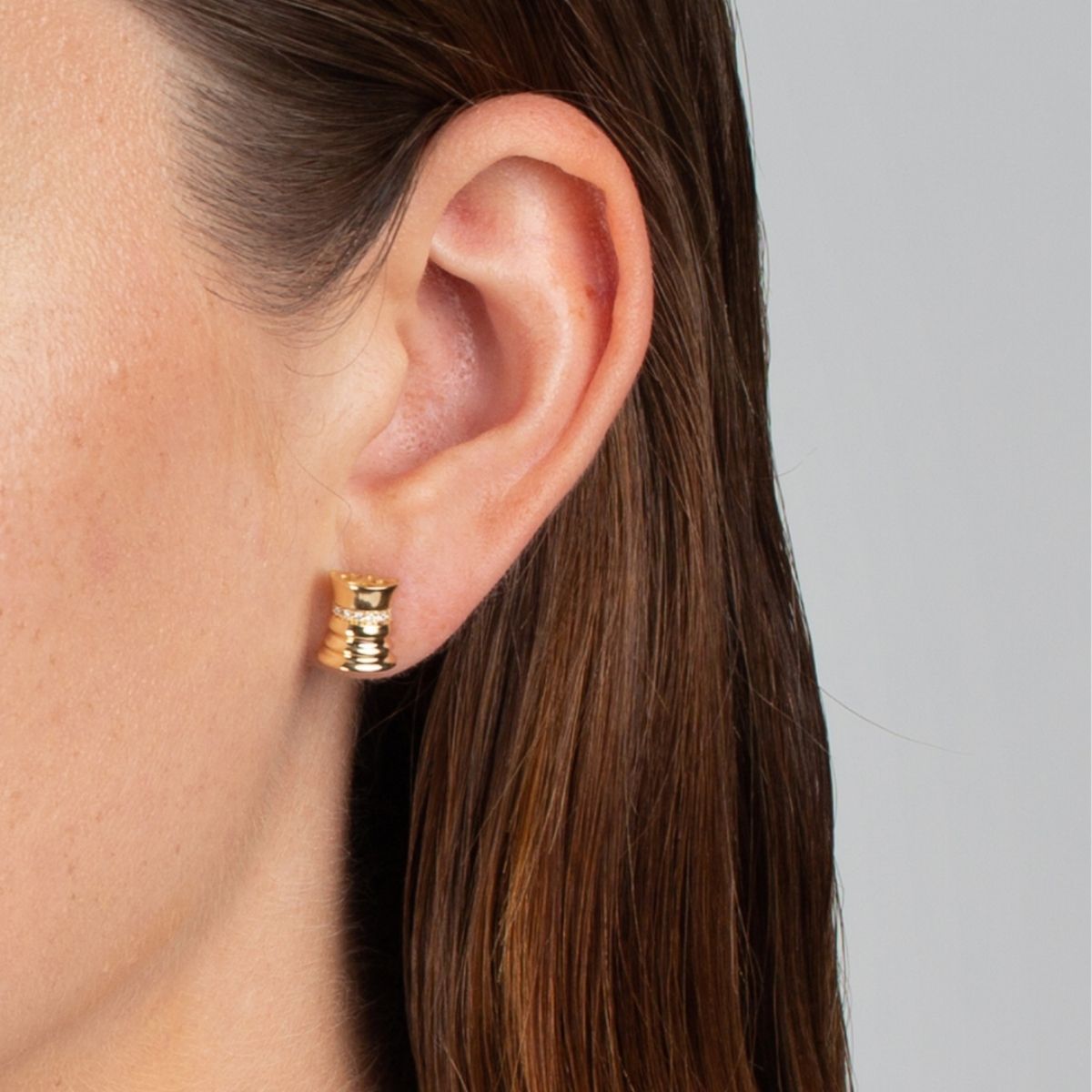 The Queen Yellow Gold White Diamonds Studs by Ksenia Mirella Jewellery worn in close-up side profile