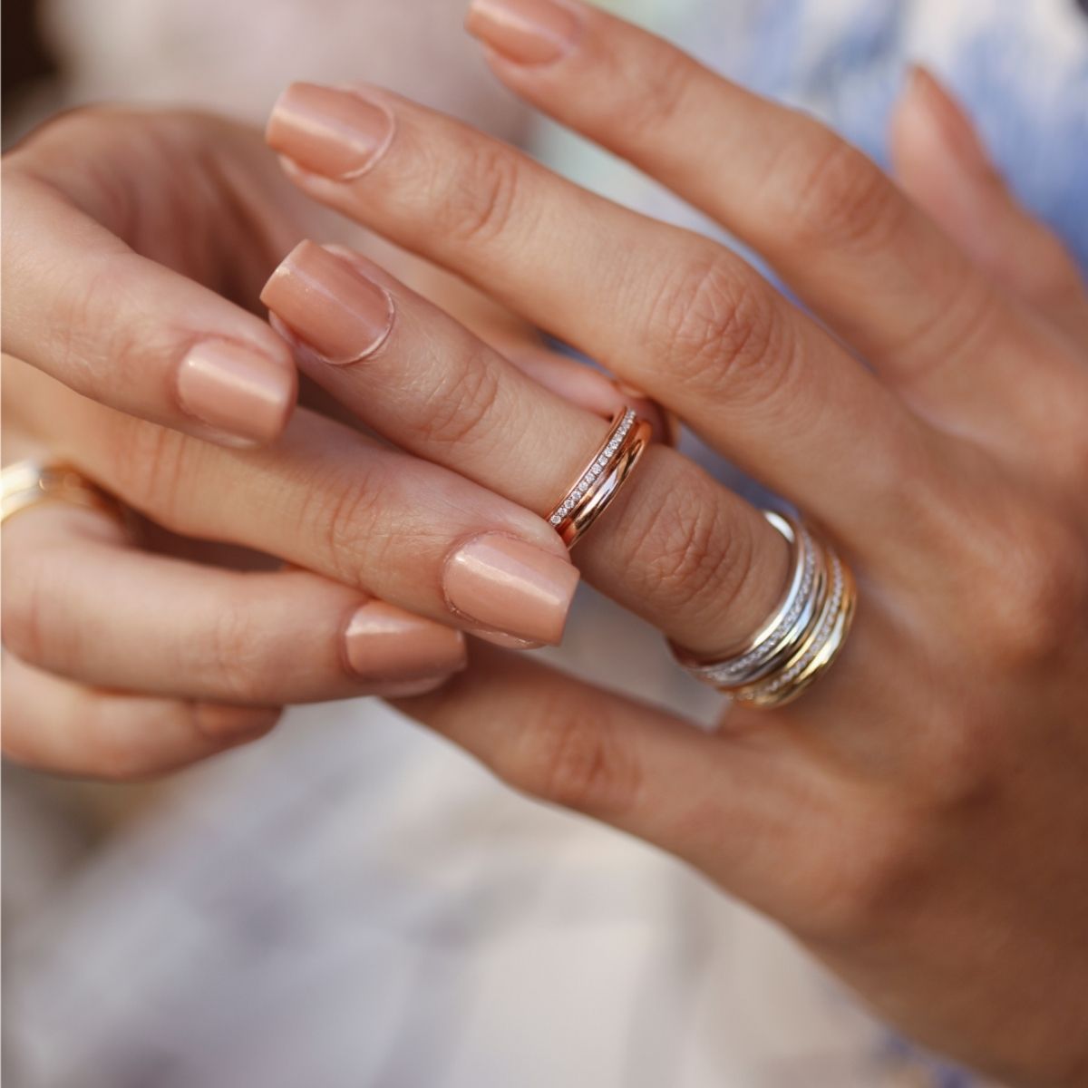 Prima White Gold Black Diamond Ring by Ksenia Mirella Jewellery worn stacked with gold and silver bands