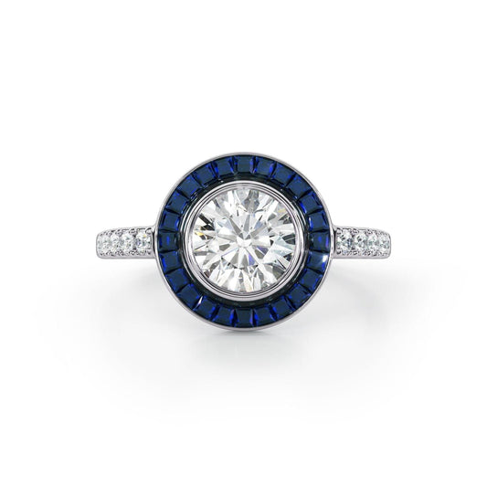 Art Deco-Diamond with Sapphire Halo Ring - Ksenia Mirella Jewellery