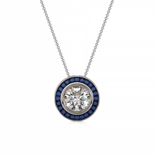 Art Deco-Diamond with Sapphire Halo Necklace - Ksenia Mirella Jewellery