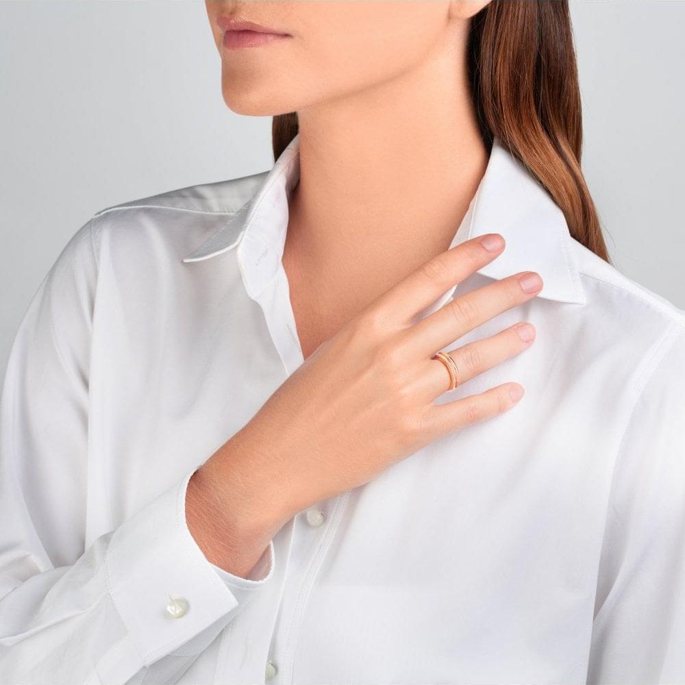 Prima White Gold White Diamond Ring by Ksenia Mirella Jewellery worn on hand with white shirt styling