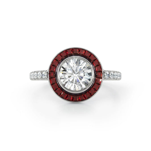 Art Deco-Diamond with Ruby Halo Ring - Ksenia Mirella Jewellery