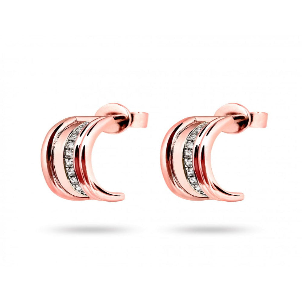 A pair of rose gold hoop earrings with white diamond embellishments, part of the Queen collection.