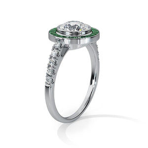 Art Deco-Diamond with Emerald Halo Ring - Ksenia Mirella Jewellery 