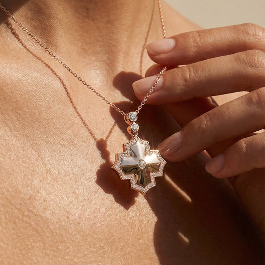 rose god  necklace with a star-shaped pendant on a person's neck