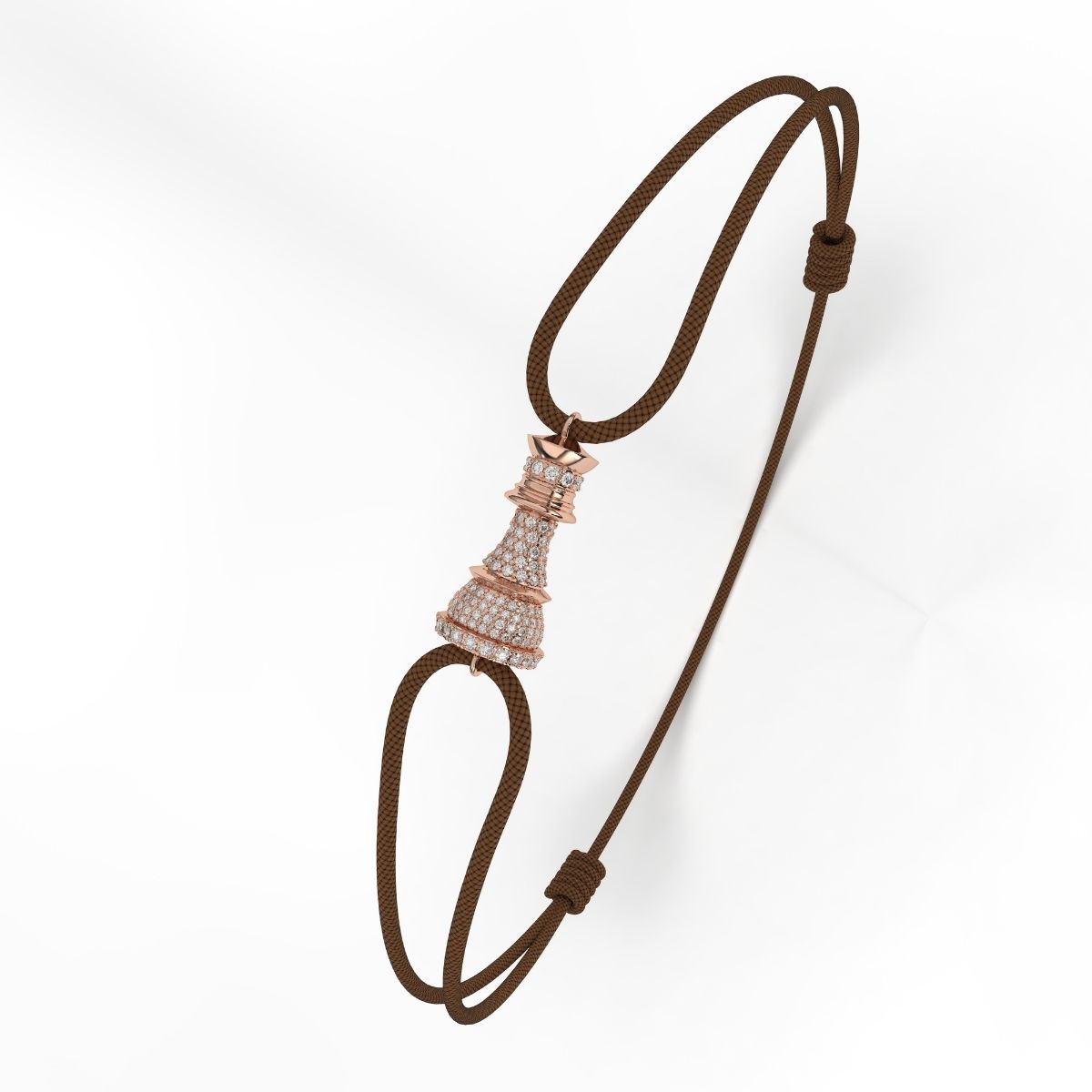 A rose gold bracelet with white diamond pavé accents, featuring a Brown cord-style fastening.