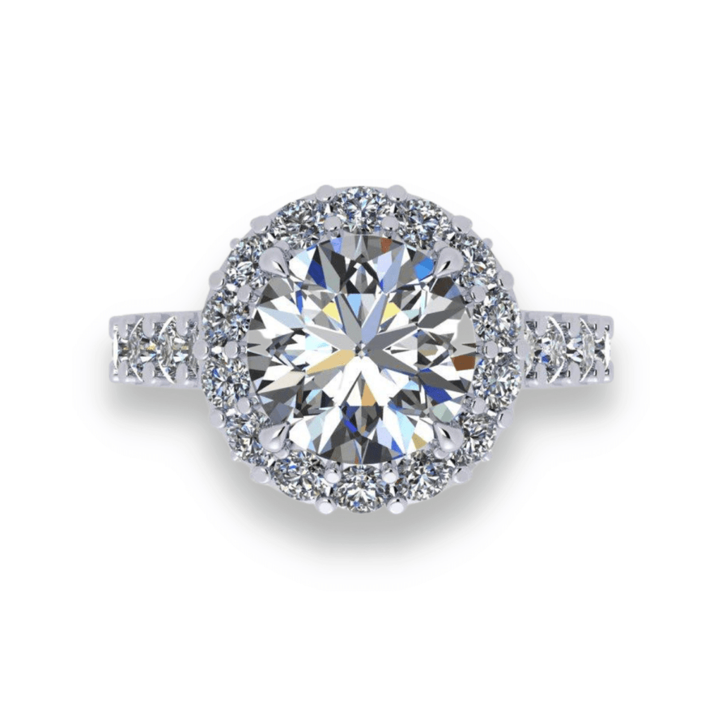Platinum Elegance- Round Brilliant Engagement Ring with Diamond Halo - Ksenia Mirella Jewellery 