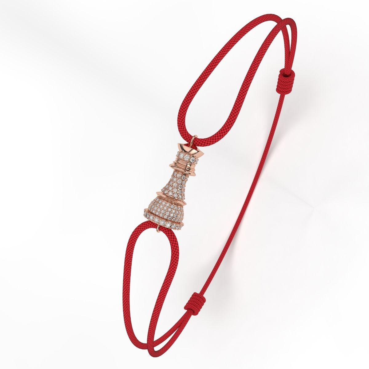 A rose gold bracelet with white diamond pavé accents, featuring a red cord-style fastening.