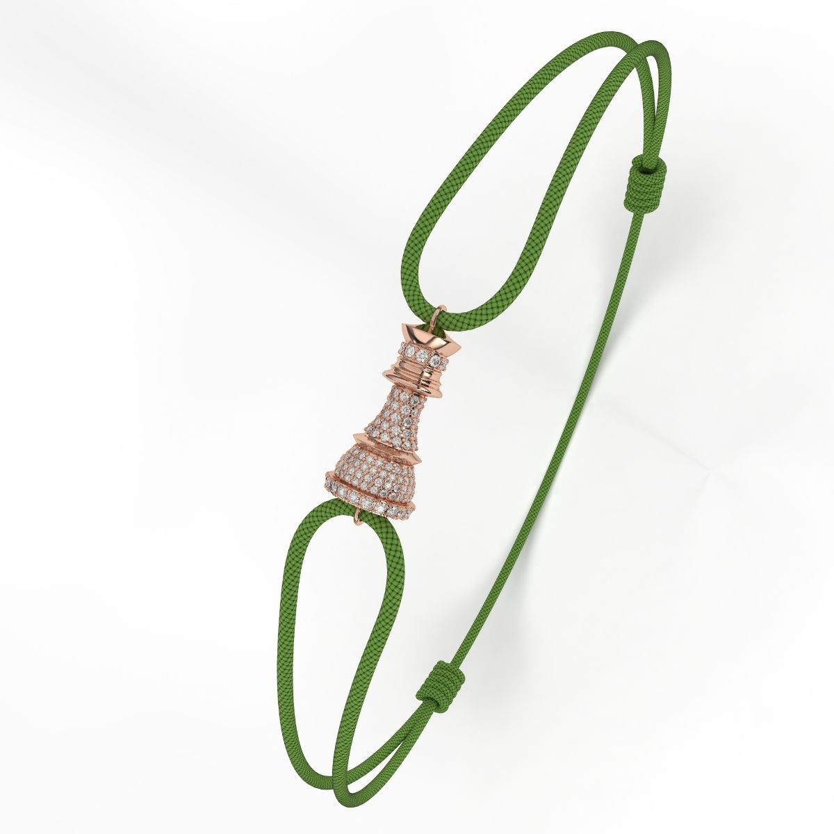 A rose gold bracelet with white diamond pavé accents, featuring a green cord-style fastening