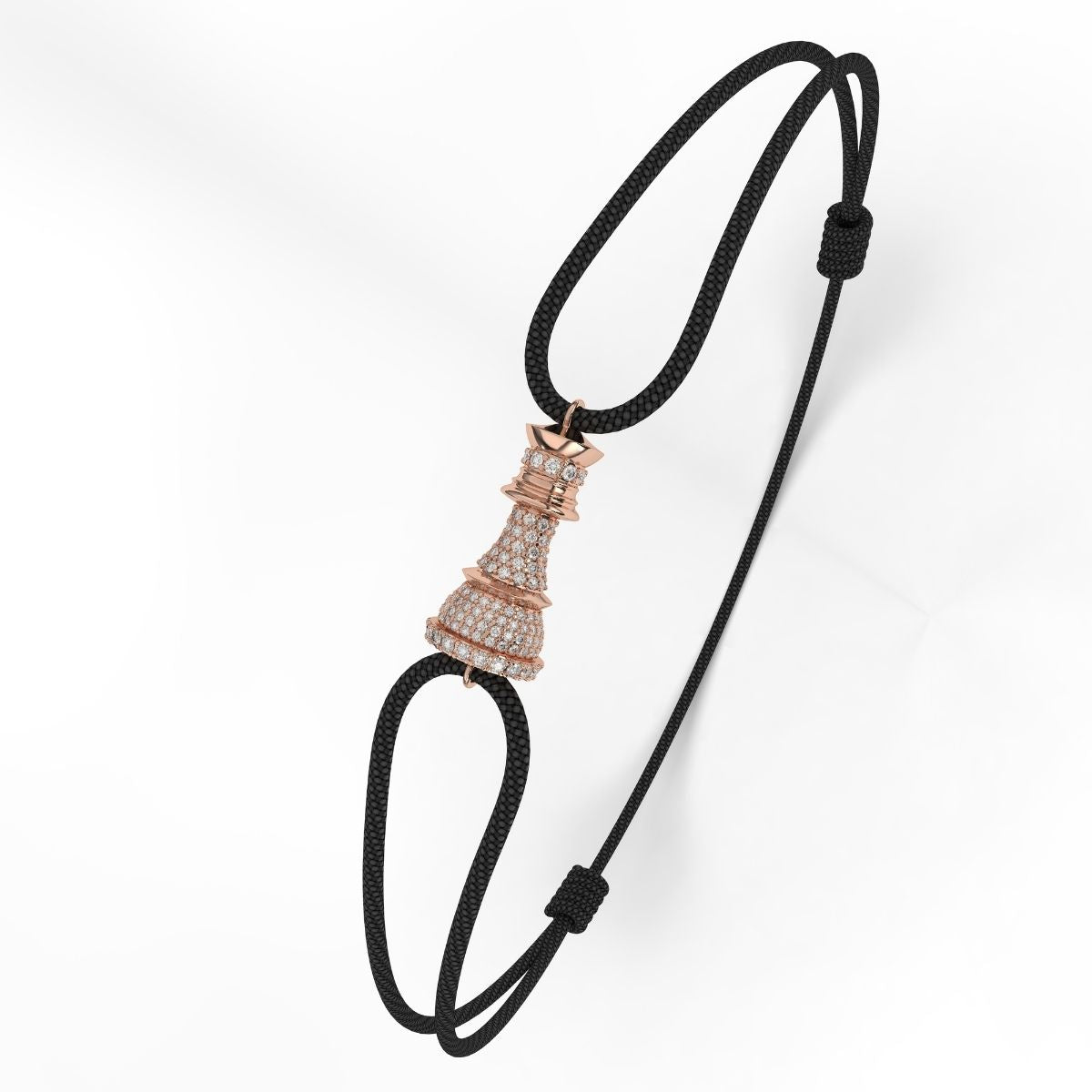 A rose gold bracelet with white diamond pavé accents, featuring a black cord-style fastening.