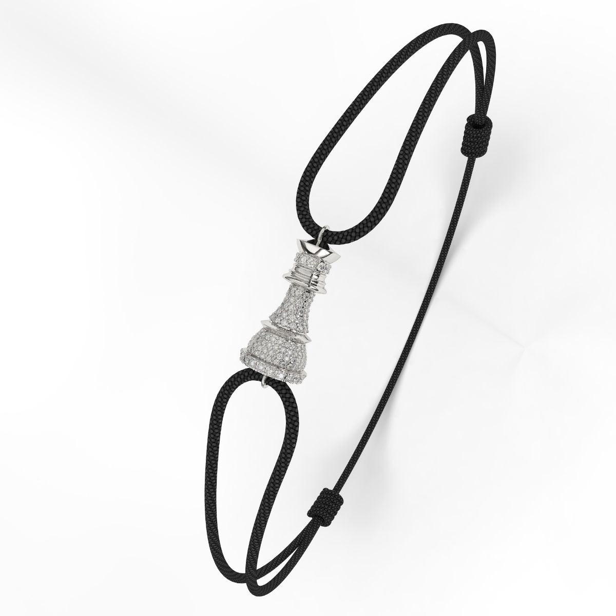 A Silver bracelet with white diamond pavé accents, featuring a black cord-style fastening.