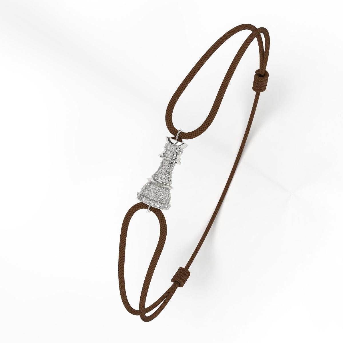 A Silver bracelet with white diamond pavé accents, featuring a brown cord-style fastening.