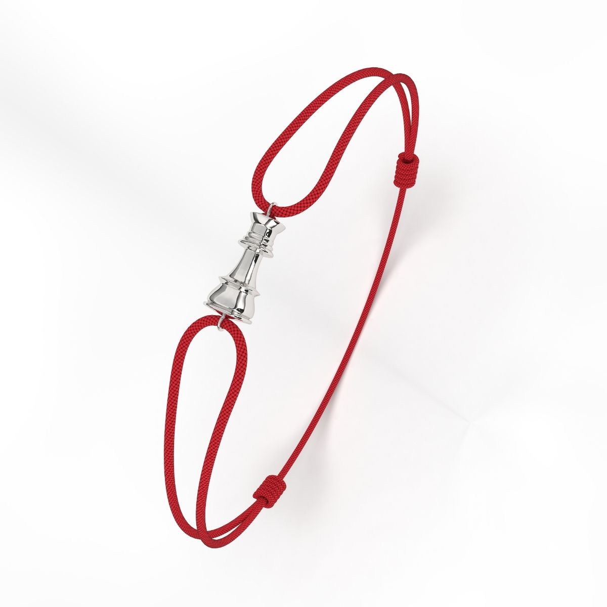 A silver clasp with red cord bracelet on a white background, part of the Queen Collection.