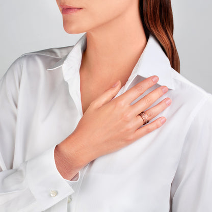 Regina Rose Gold White Diamond Ring by Ksenia Mirella Jewellery worn with white shirt styling