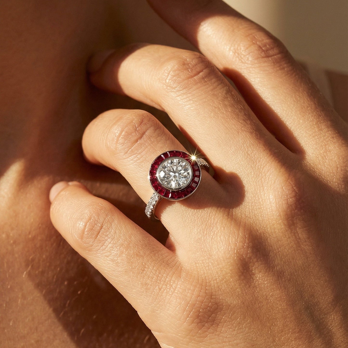 Art Deco Ruby platinum engagement ring Close-up of a hand wearing a ring with a red gemstone on a neutral background