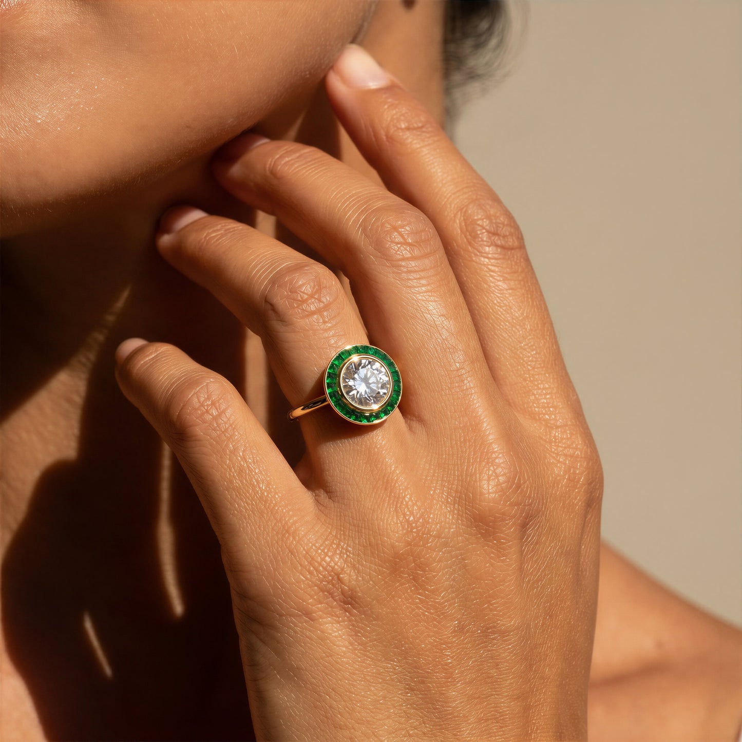 Art Deco Gold Diamond Ring | Emerald Halo