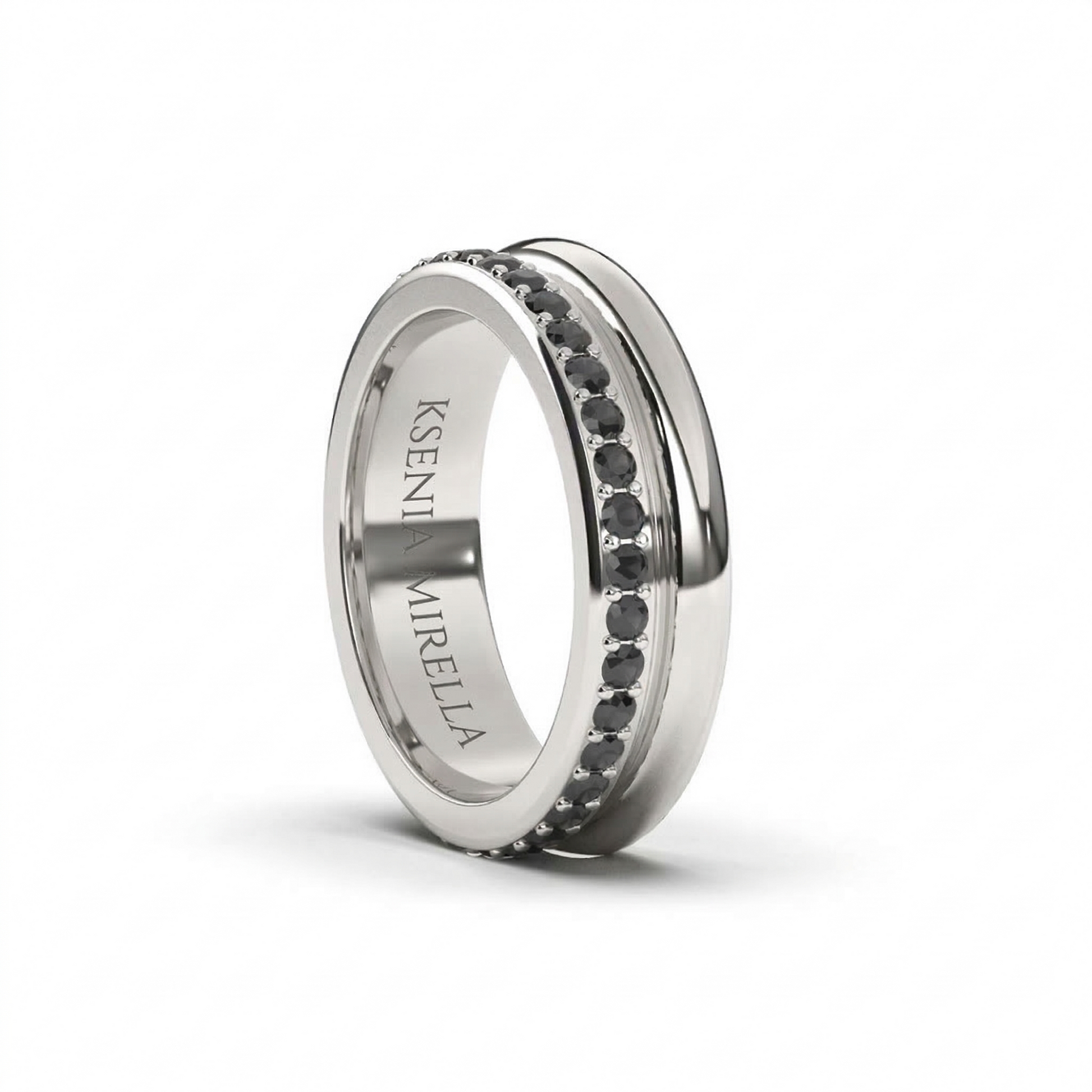 White gold black diamond full eternity band wedding ring on a white background 
