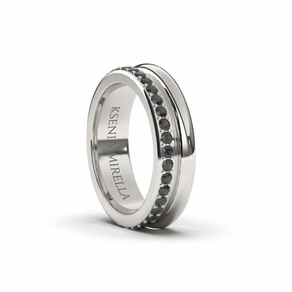 White gold black diamond full eternity band wedding ring on a white background 