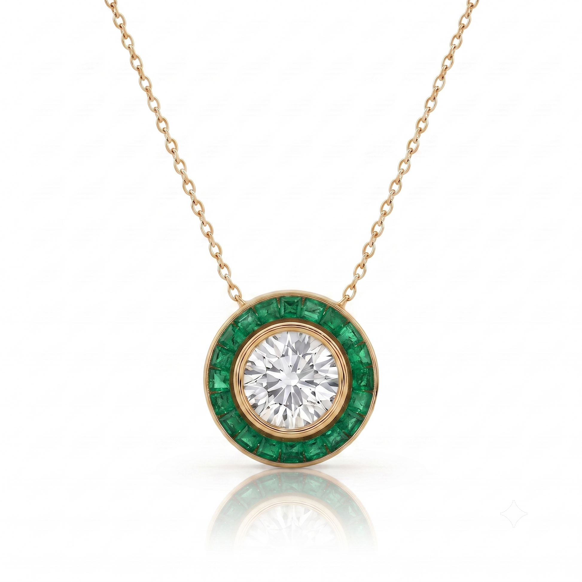 A gold pendant necklace featuring a round-cut clear center stone surrounded by a halo of round green emerald-cut stones, suspended from a delicate gold chain on a white background.