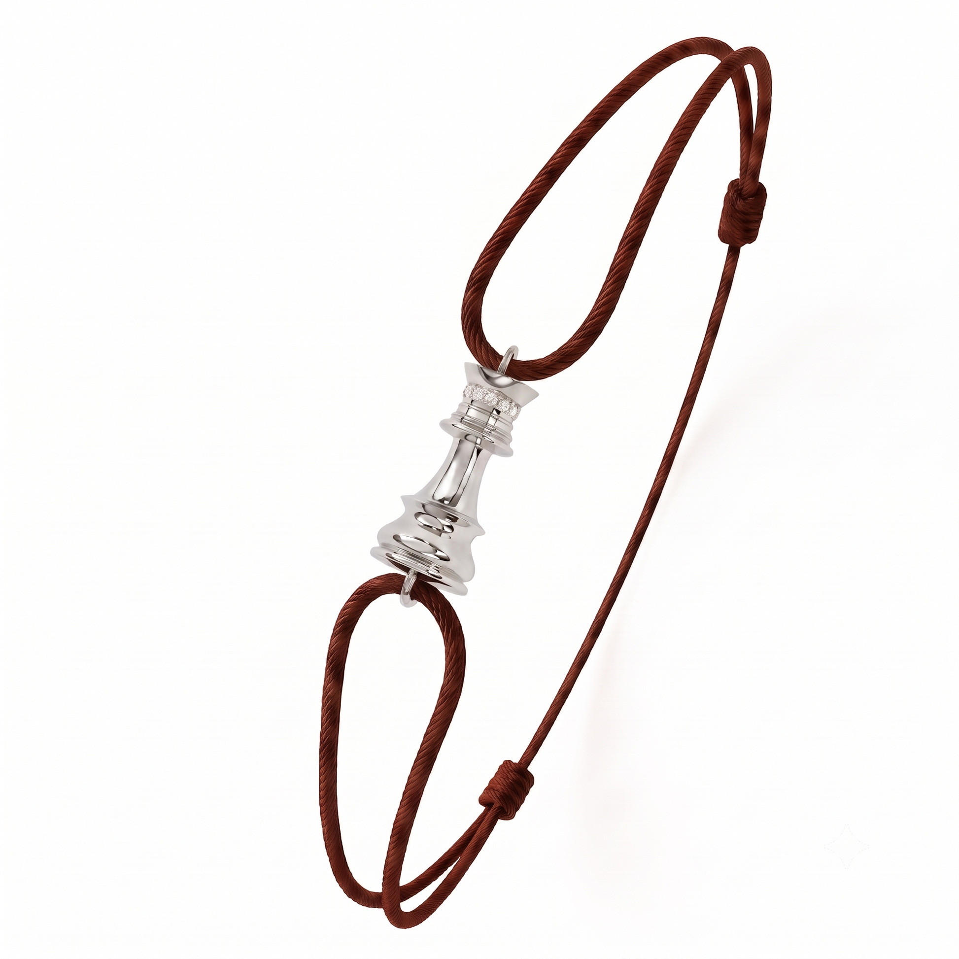 A brown braided cord bracelet with a polished white gold white diamond chess piece charm in the center, displayed on a clean white background.