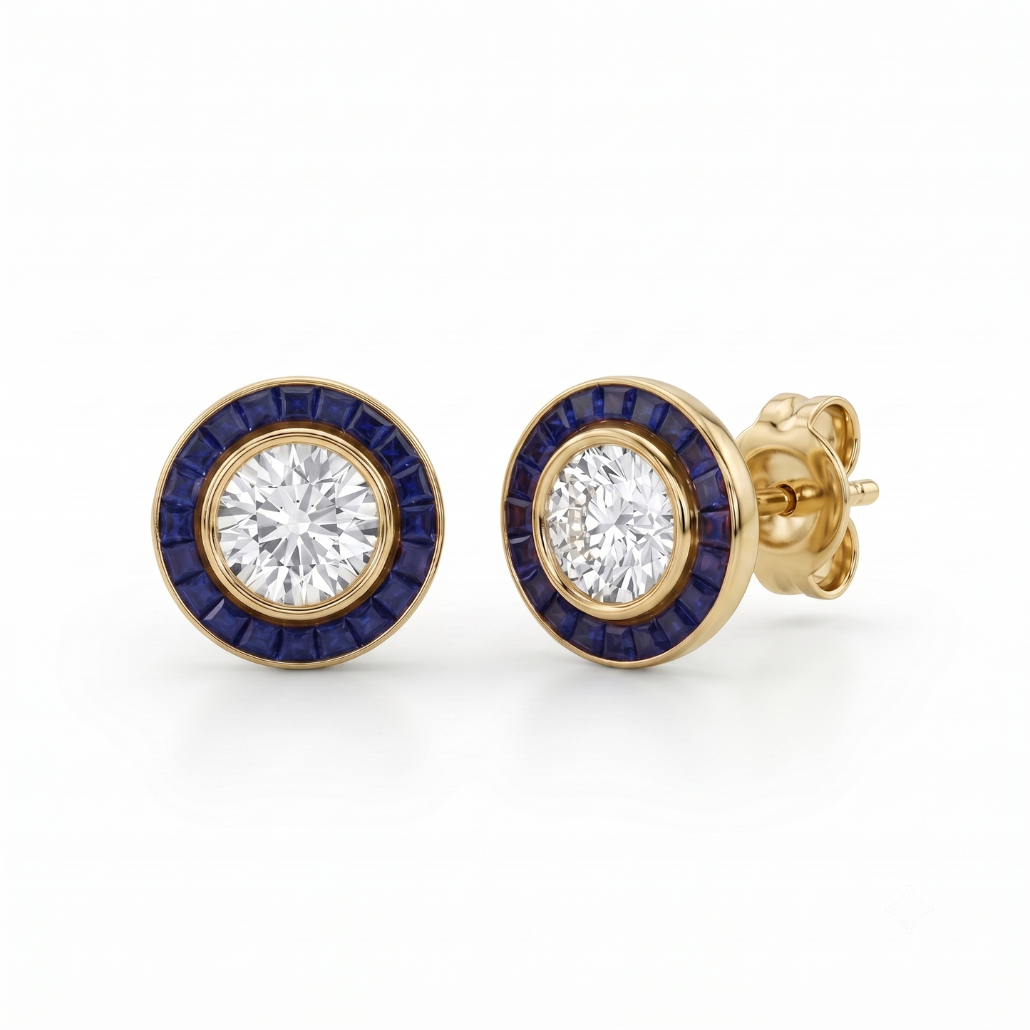 Art Deco Gold Diamond Earrings | Sapphire Halo