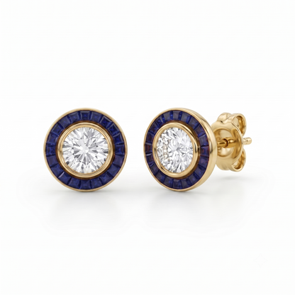 Art Deco Gold Diamond Earrings | Sapphire Halo
