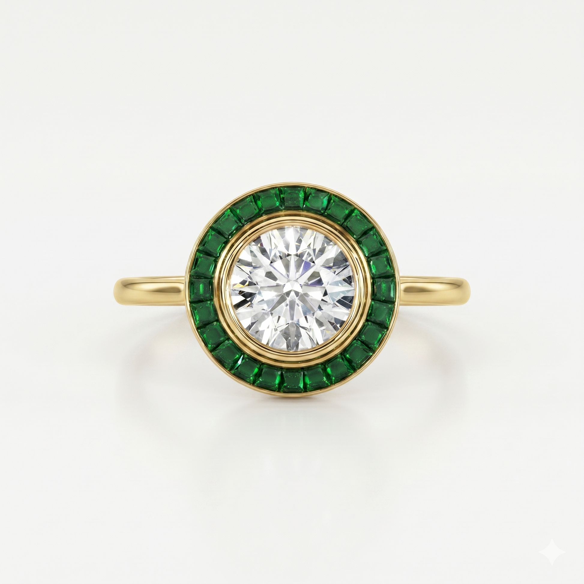 Art deco yellow gold white diamond engagement ring, with green emerald halo on a white background made by Ksenia Mirella Jewellery
