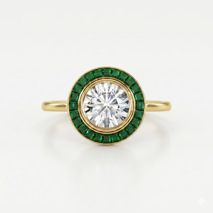 Art deco yellow gold white diamond engagement ring, with green emerald halo on a white background made by Ksenia Mirella Jewellery