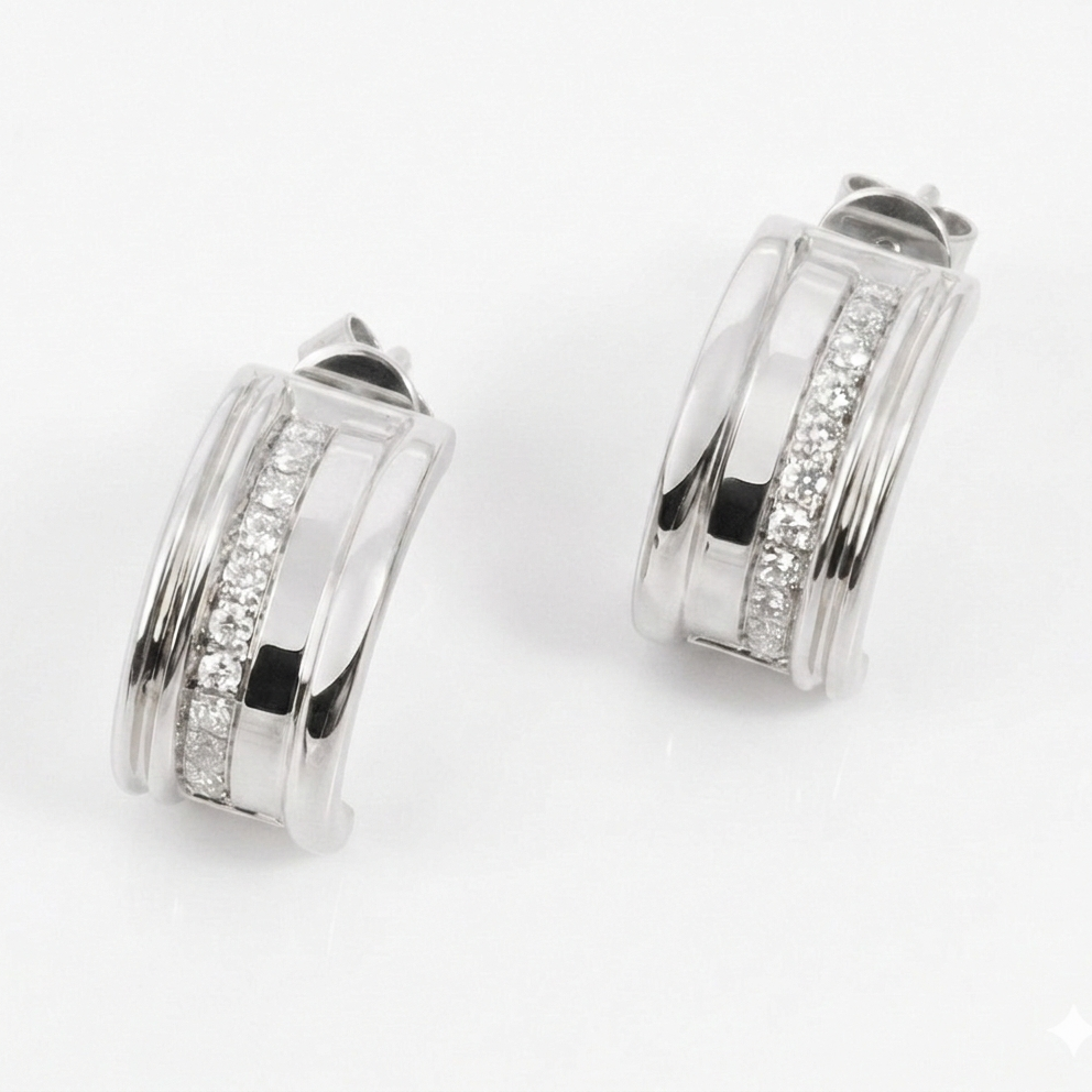 White Gold white diamond medium size hoops on a  white background 