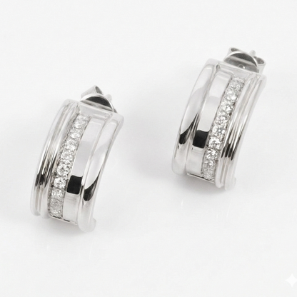 White Gold white diamond medium size hoops on a  white background 