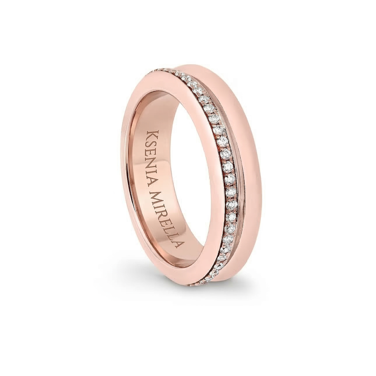 Rose gold ring with embedded diamonds on a white background