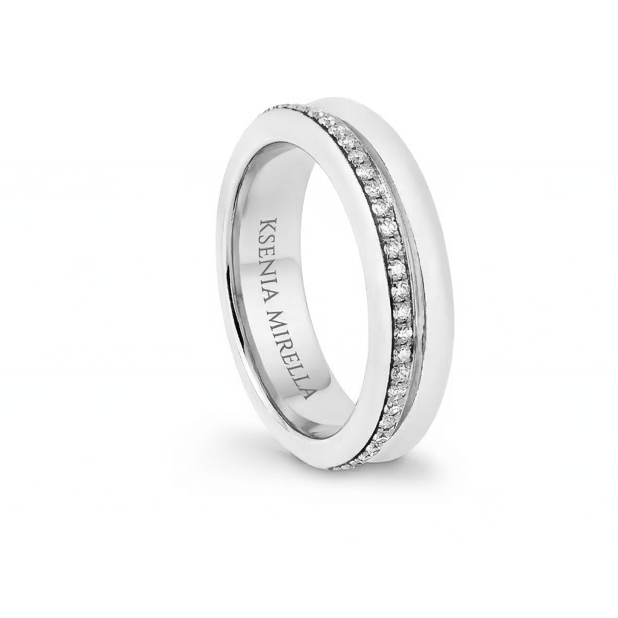 White Gold ring with embedded stones on a white background