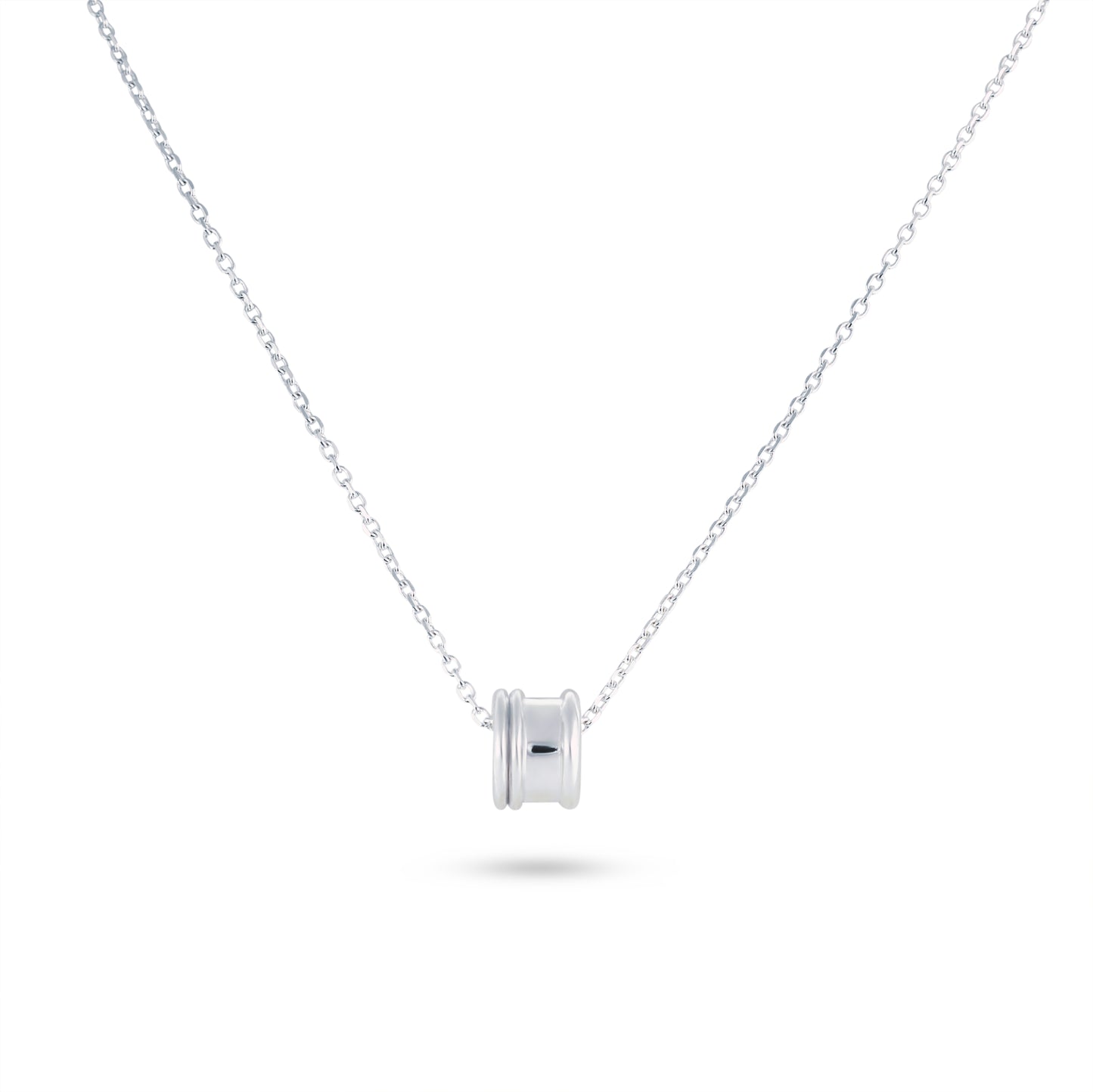 Silver necklace with a small square pendant on a white background