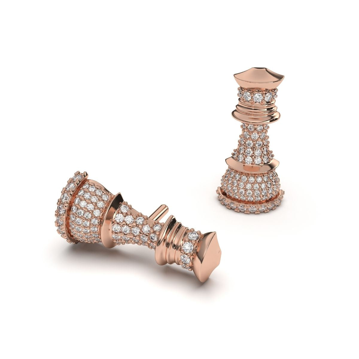 A pair of rose gold pave diamond stud earrings designed to resemble a chess piece, set against a white background.