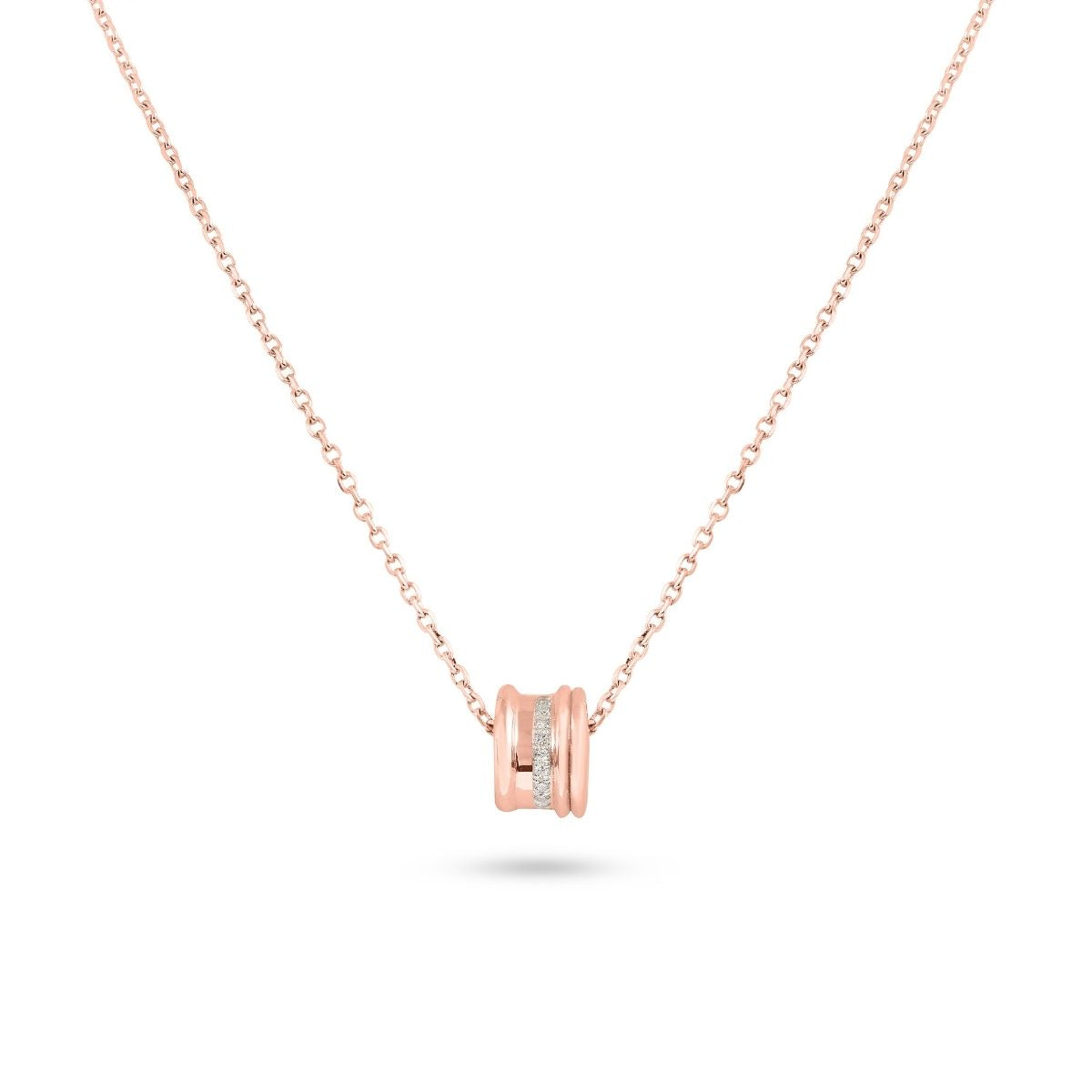 Rose gold necklace with a cylindrical pendant on a white background