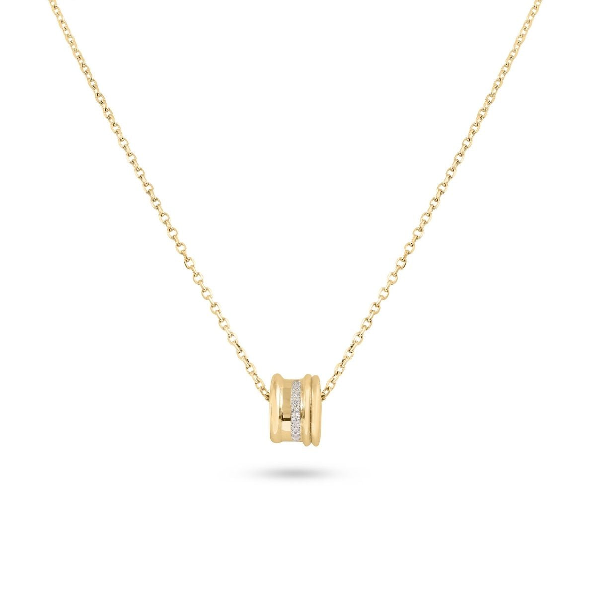 Gold necklace with a cylindrical pendant on a white background