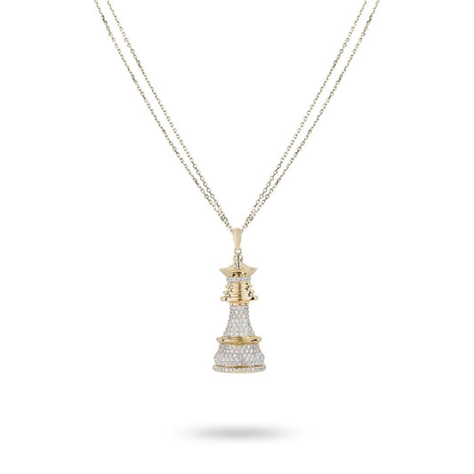 A yellow gold necklace featuring a chess piece pendant adorned with white diamonds.