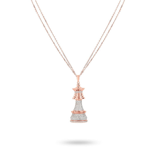 A rose gold necklace with white diamond accents, featuring a double chain design and a pendant with a diamond-encrusted structure.