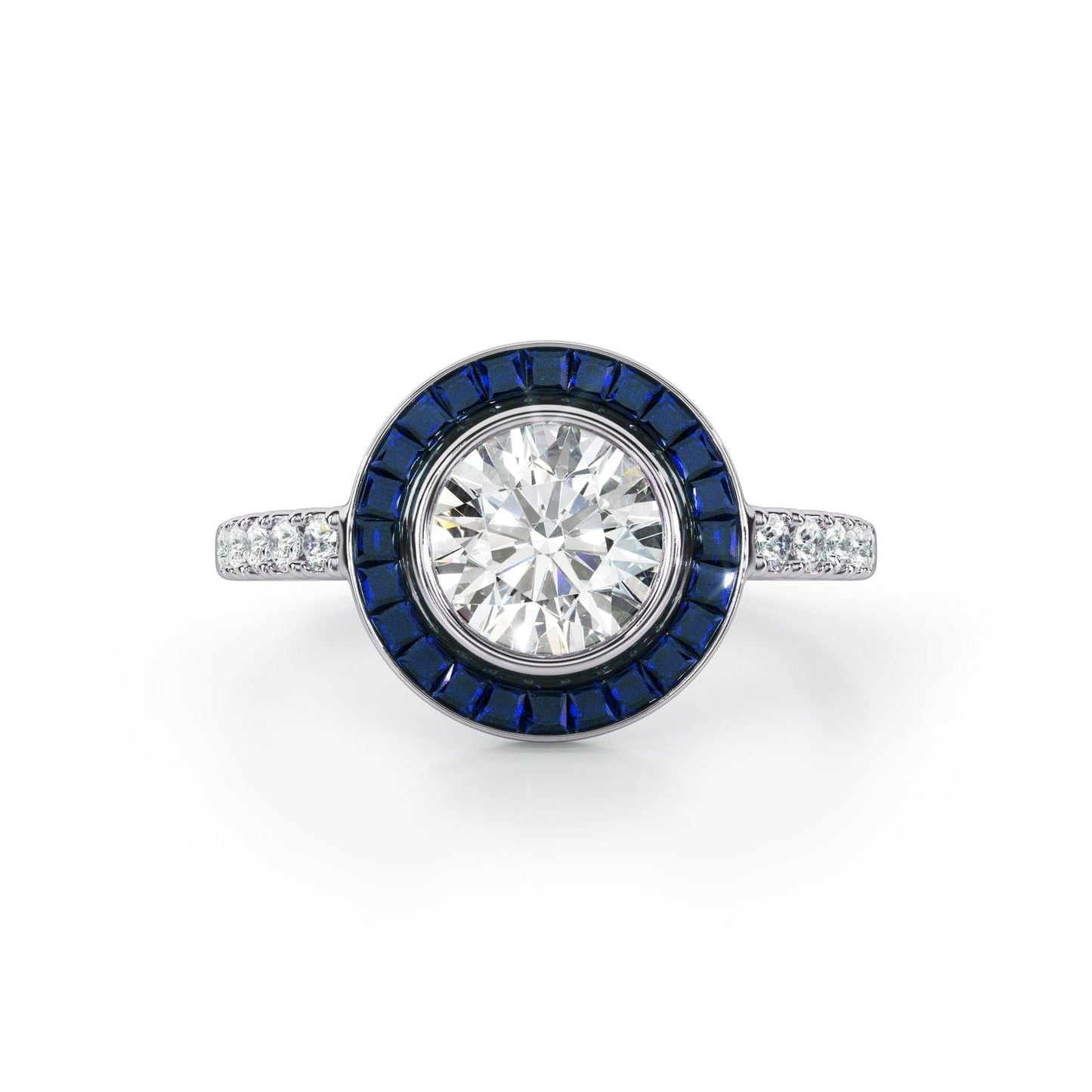 Art Deco-Diamond with Sapphire Halo Ring - Ksenia Mirella Jewellery 