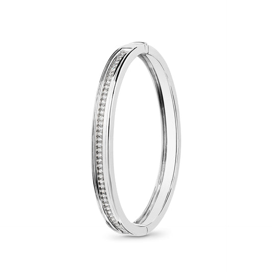 A Silver white diamond bangle bracelet with a clear and elegant appearance.