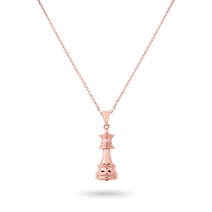 A rose gold chess necklace with a pendant shaped like a queen piece, displayed against a white background.