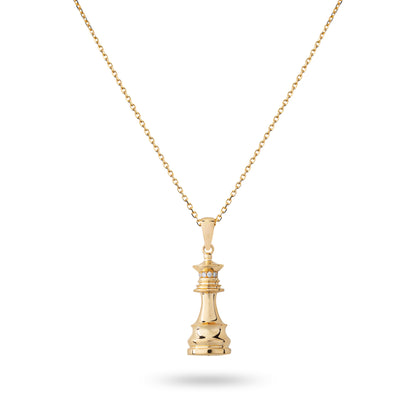 Yellow gold chess queen pendant necklace by Ksenia Mirella Jewellery with diamond detail