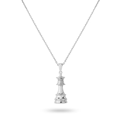 A white gold chess necklace with a row of white diamonds, featuring a chess piece pendant.